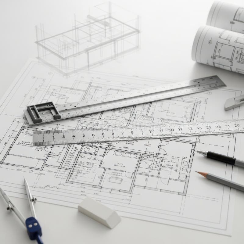 Architectural blueprints, scale ruler and drafting tools on a desk